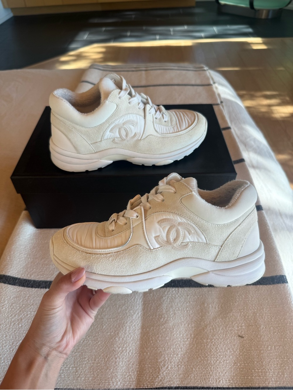 CHANEL Cream Lace-Up Suede & Leather Sneakers